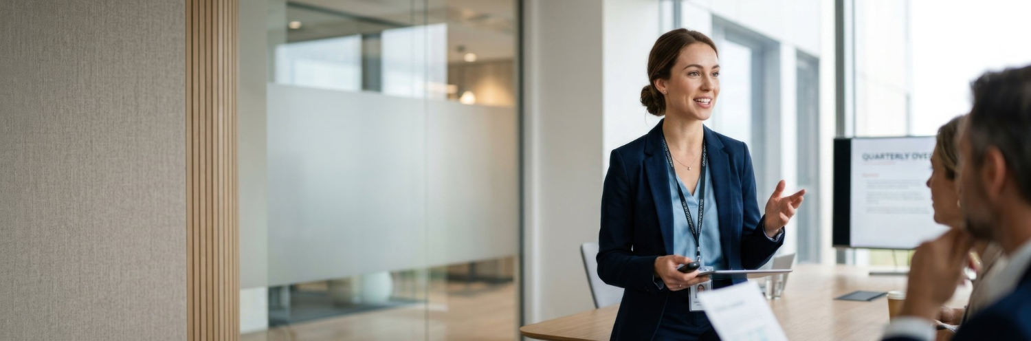 Femme en tailleur dirigeant une réunion d'affaires avec des collègues autour d'une table